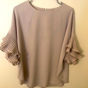 New with tags WHY Blouse Womens L Taupe Beige Embellished sleeves Career